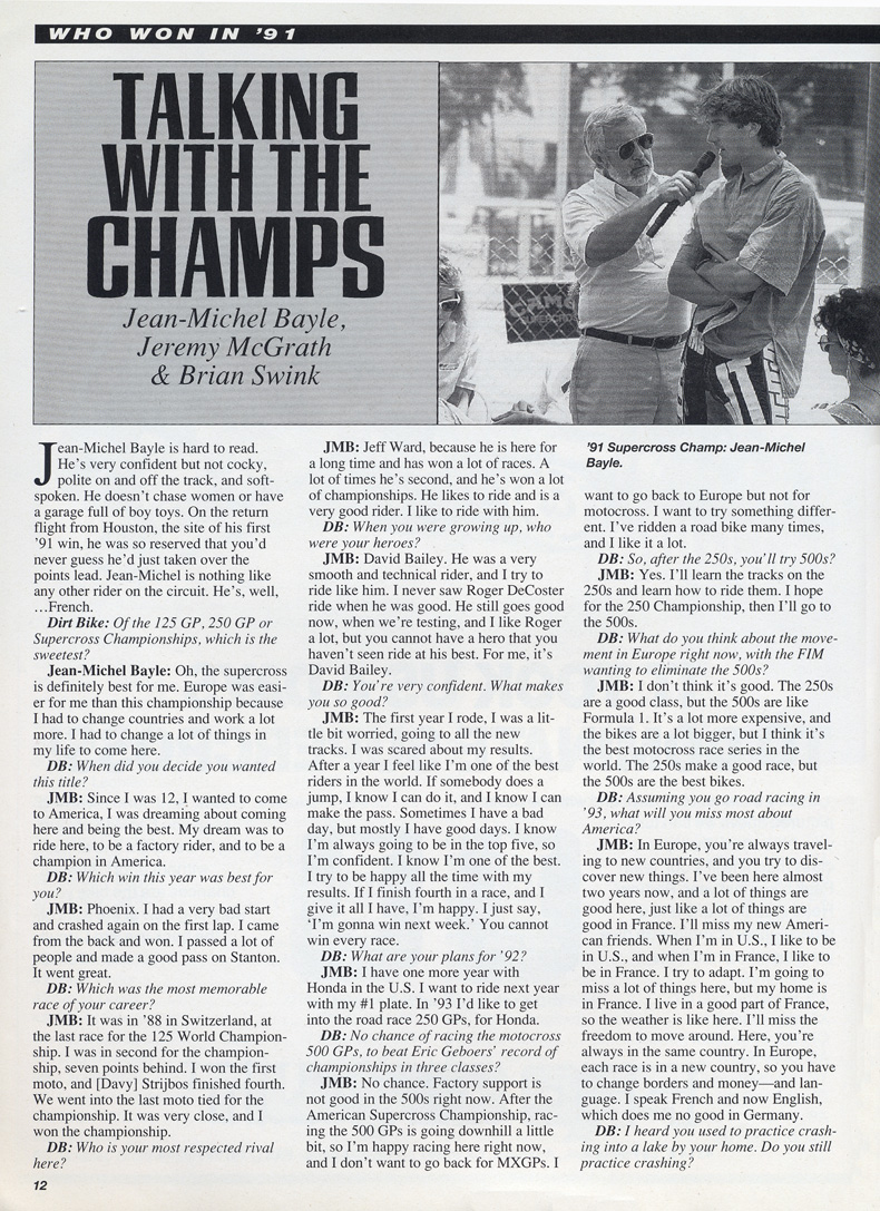 La première page de cette interview prise dans le programme officiel du Supercross 1992, cliquez pour agrandir
